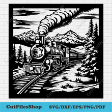 Load image into Gallery viewer, Panels nature dxf, panel mountains dxf for plasma cut, vintage train svg for cricut, png for dtf, cutting files, cut files shop, forest svg for cricut,  dxf for silhouette studio, crciut design space, christmas scene svg, nature svg for cricut
