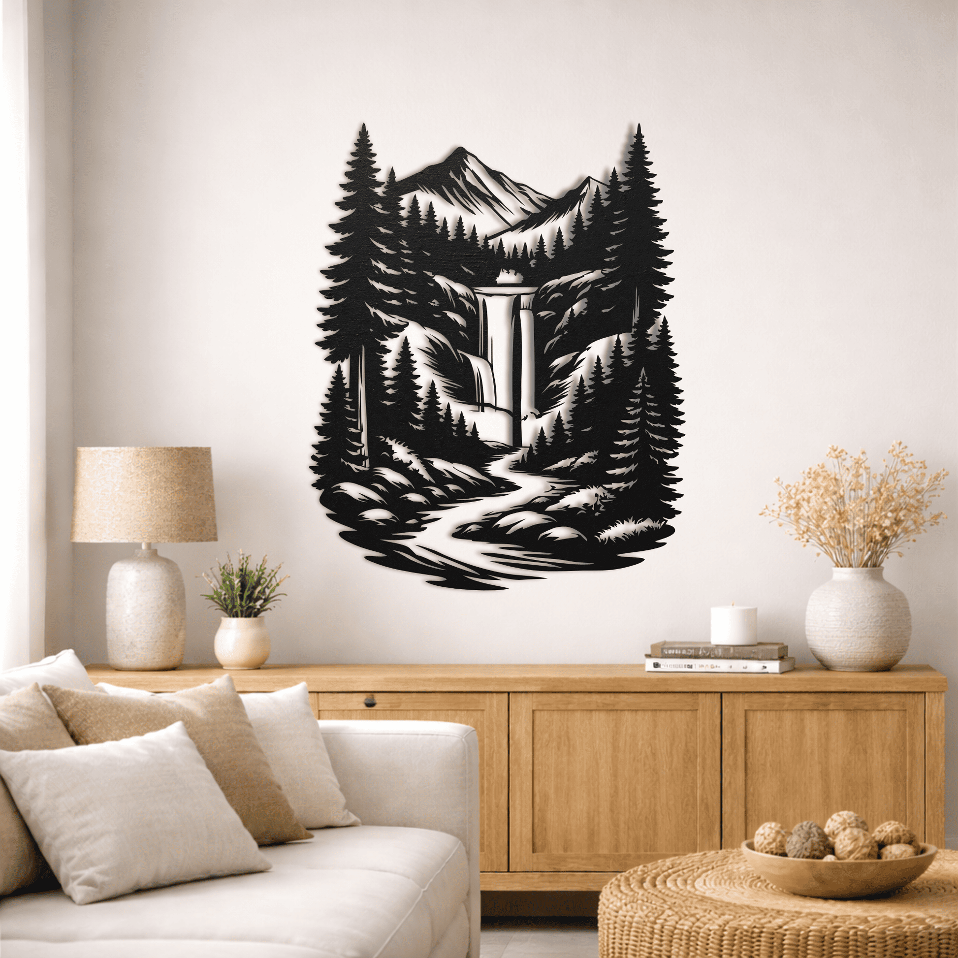 Cabin decor SVG with waterfall landscape