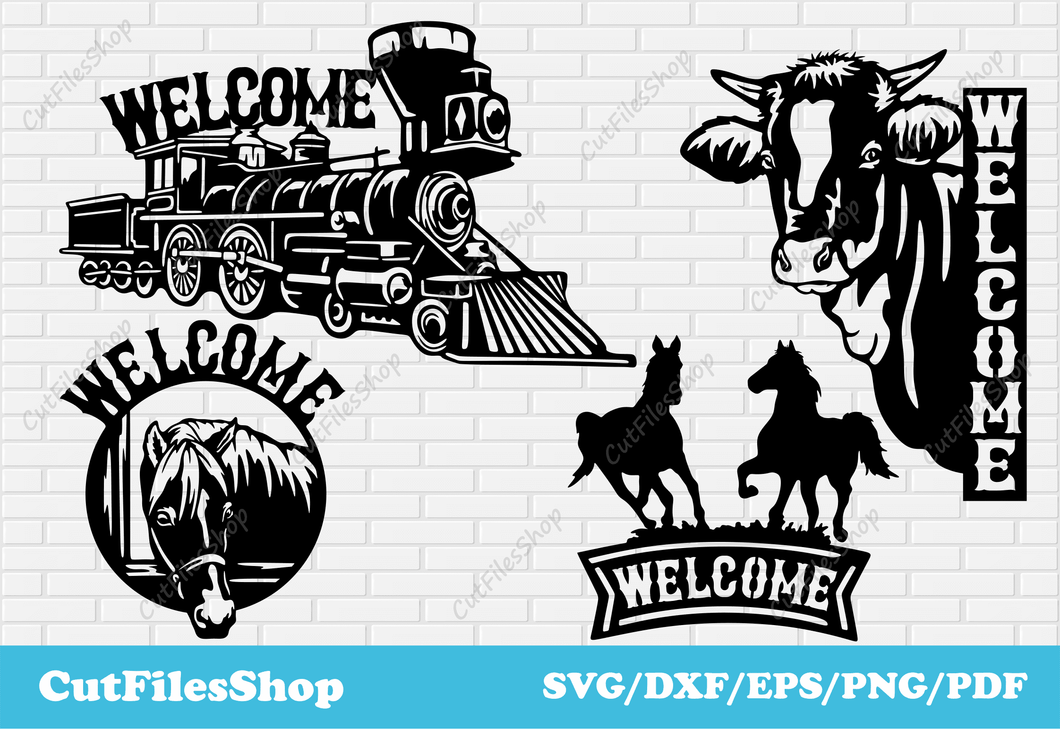 Welcome sign dxf for laser cut, DXF files of Welcome Signs, farm animals decor dxf, train welcome dxf, garden art dxf file, svg welcome for cricut, cow welcome dxf, horses welcome dxf, Cutting Digital Download, Laser Cut Garden Decorations, Metal Art Projects, Dxf for Laser cutting, CNC plasma cut files