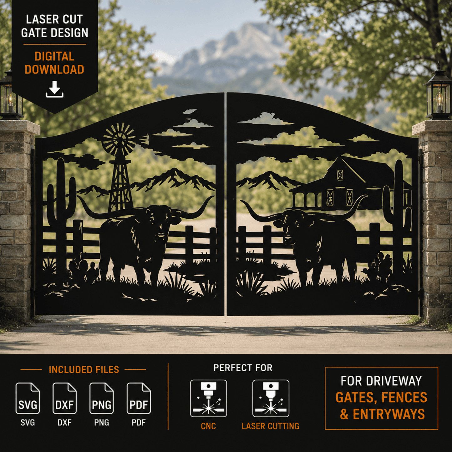 Western ranch metal gate with cattle and windmill.