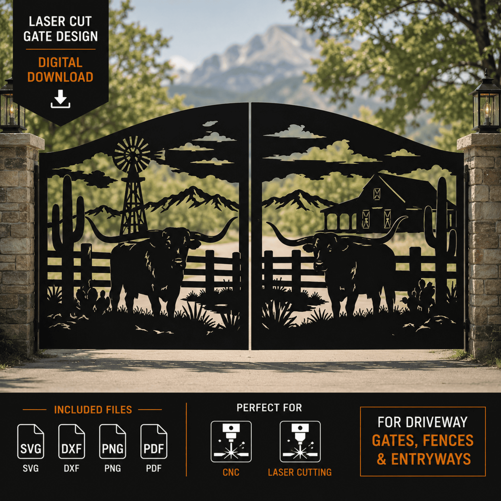 Western ranch metal gate with cattle and windmill.