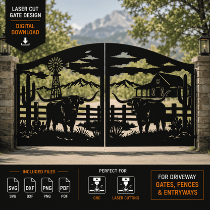 Western ranch metal gate with cattle and windmill.