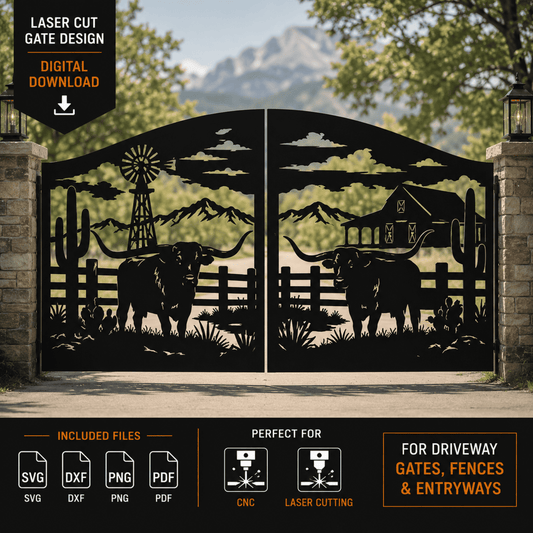 Western ranch metal gate with cattle and windmill.