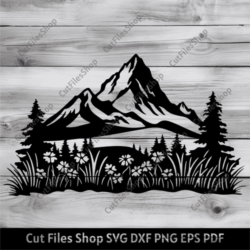 Wildflowers scene svg, Nature dxf for Laser cut, Mountains svg for cricut, Plasma cut files, Pdf for cut by hand, pine forest svg, mountains dxf for plasma cut, svg for dtf, eps for dtf, svg for corel draw, cut files shop, flowers svg, dxf for plywood cutting