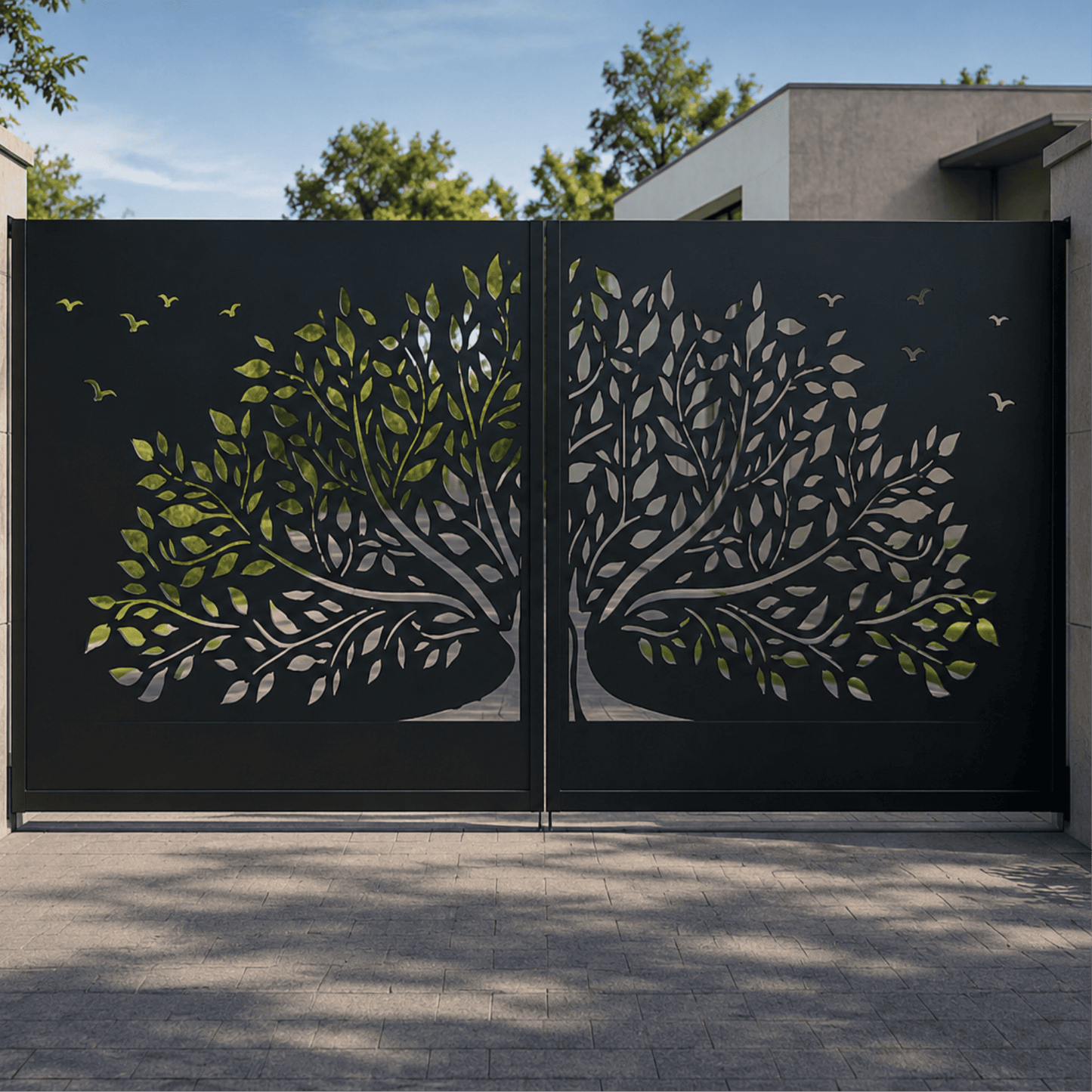 Tree railing panel for metal gate privacy screen and laser cut projects