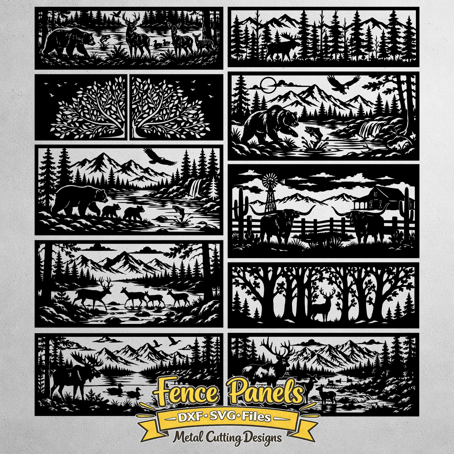 Wildlife decorative fence panel with deer moose and mountain landscape SVG DXF for CNC laser cutting