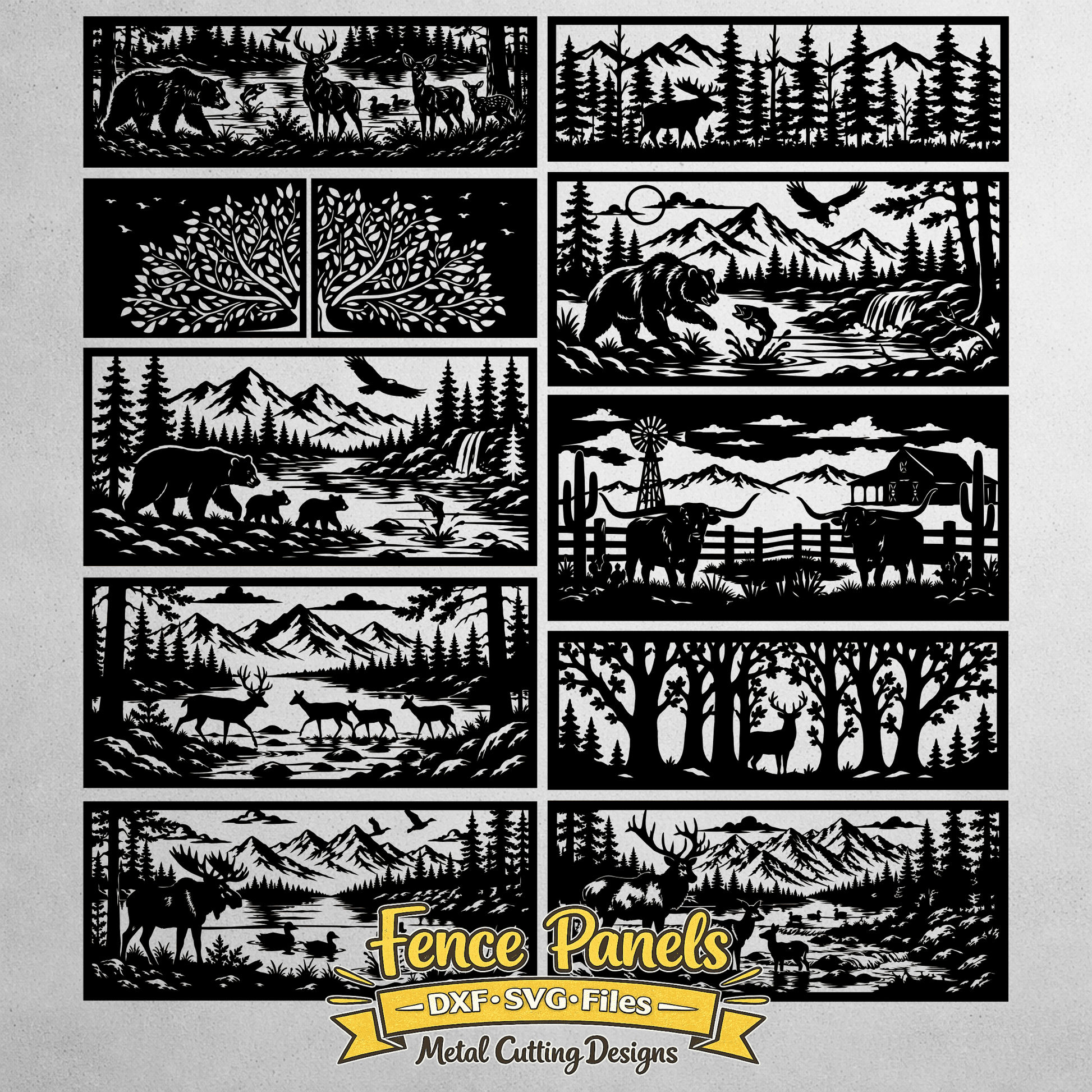 Wildlife decorative fence panel with deer moose and mountain landscape SVG DXF for CNC laser cutting