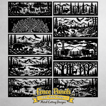 Wildlife decorative fence panel with deer moose and mountain landscape SVG DXF for CNC laser cutting
