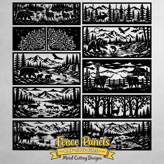 Wildlife decorative fence panel with deer moose and mountain landscape SVG DXF for CNC laser cutting