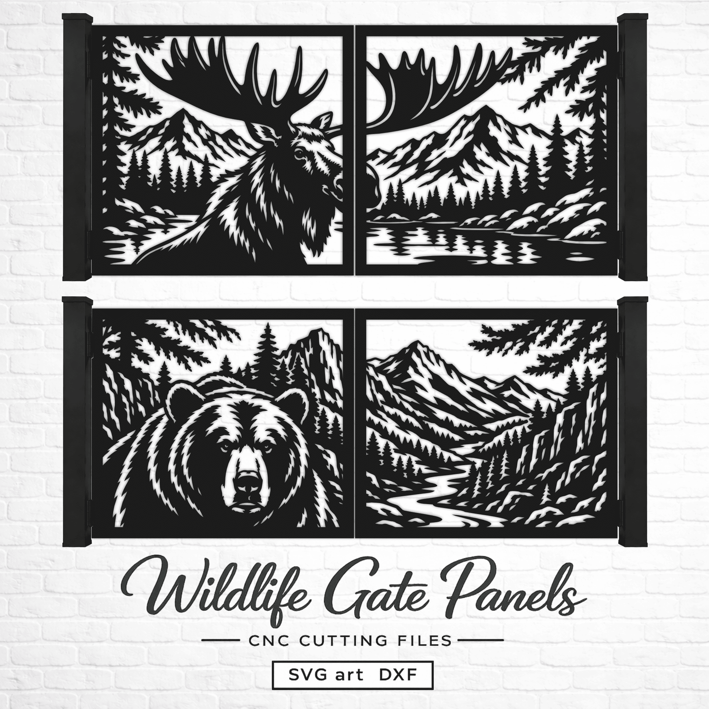 Moose and bear wildlife gate design with mountains, pine forest, lake and river