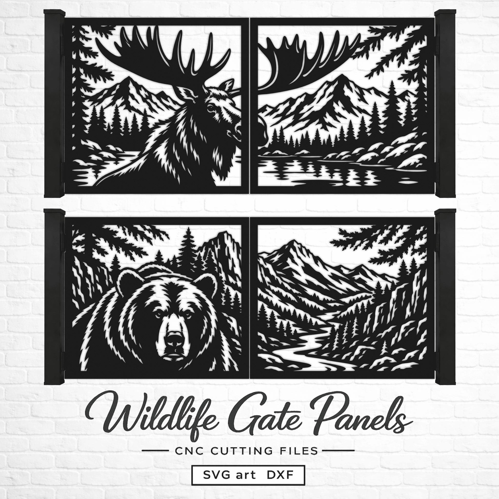 Moose and bear wildlife gate design with mountains, pine forest, lake and river