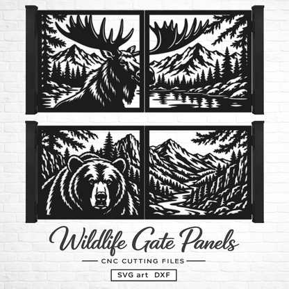 Moose and bear wildlife gate design with mountains, pine forest, lake and river