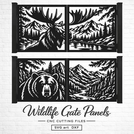 Moose and bear wildlife gate design with mountains, pine forest, lake and river
