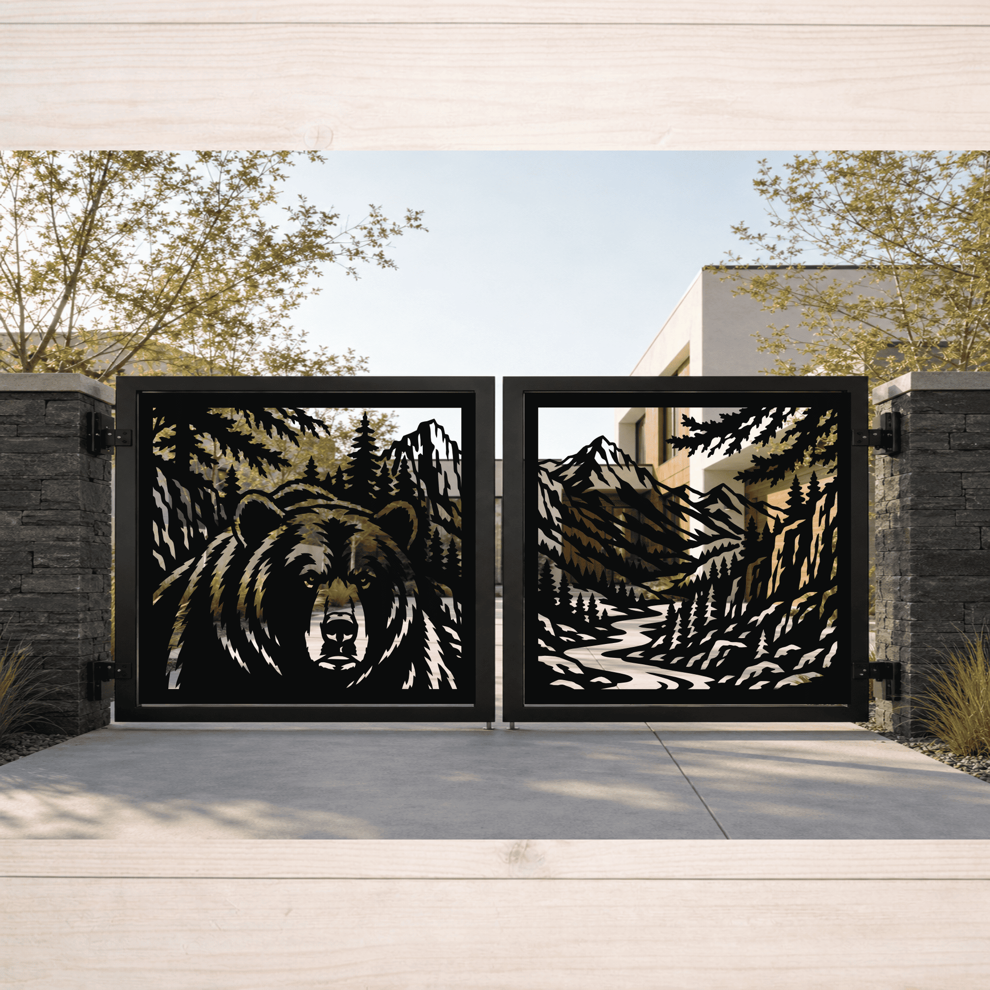 Moose and bear wildlife metal gate design with mountains, pine forest, lake and river for CNC plasma and laser cutting