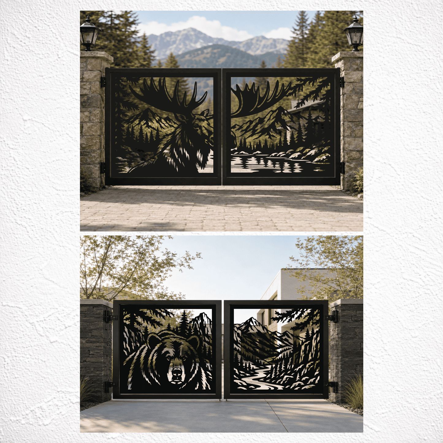 Four-section mountain wildlife gate featuring a moose, bear and forest landscape