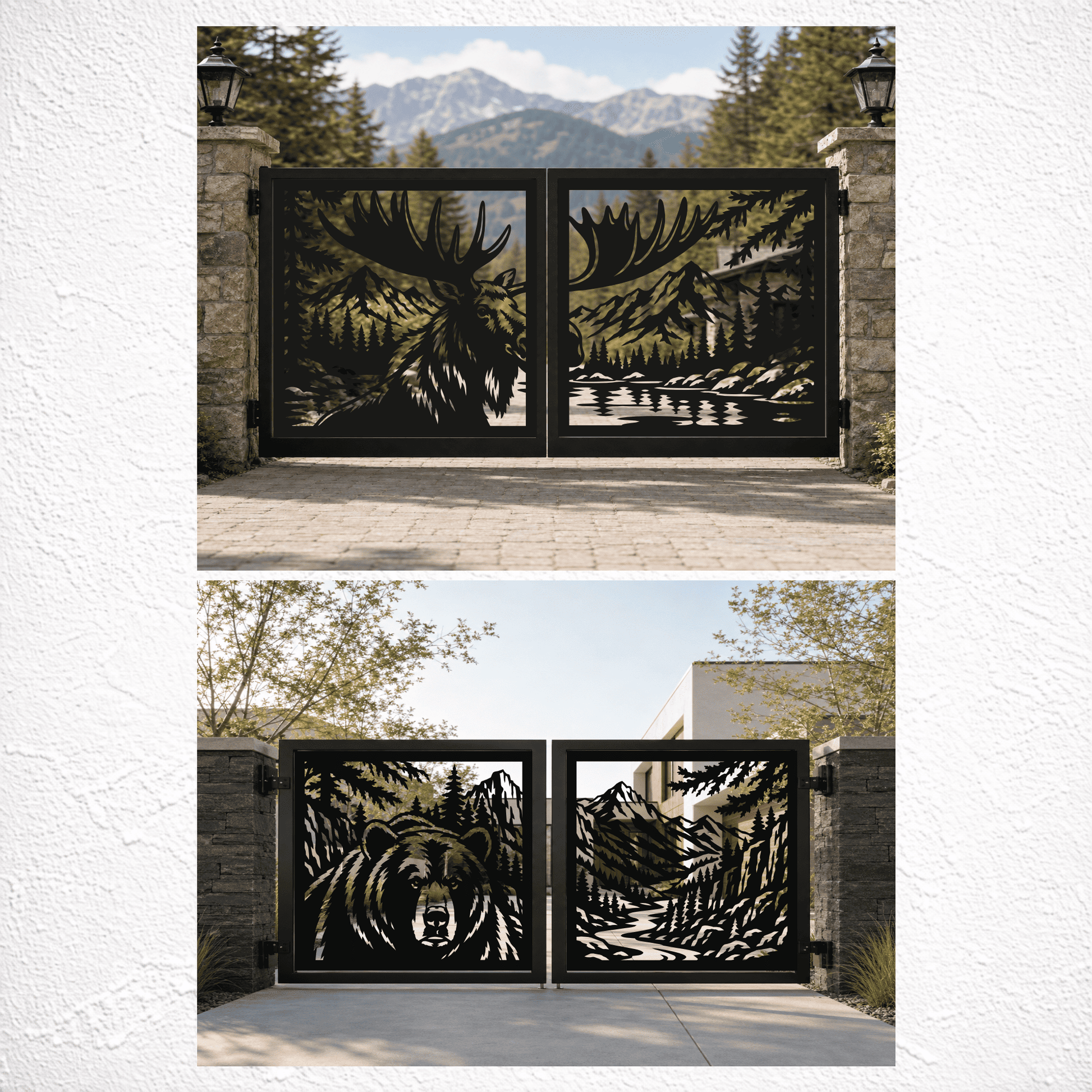 Four-section mountain wildlife gate featuring a moose, bear and forest landscape