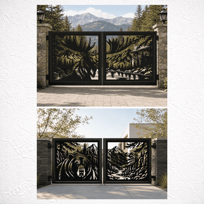 Four-section mountain wildlife gate featuring a moose, bear and forest landscape