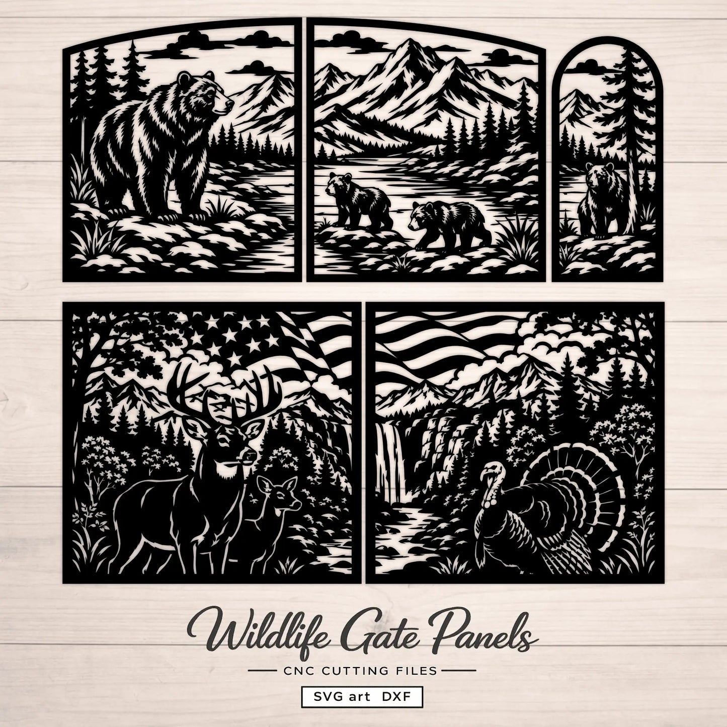 Wildlife SVG DXF gate files with bears, deer, turkey and American mountain scenery