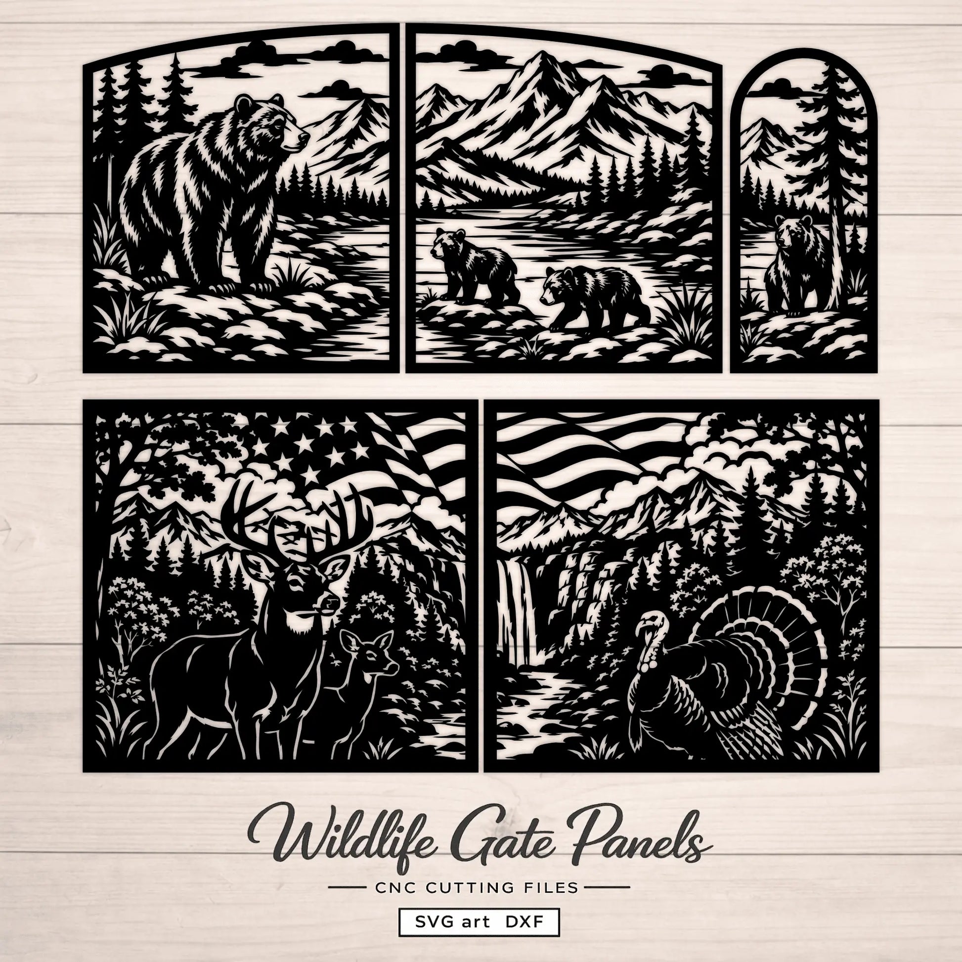 Wildlife SVG DXF gate files with bears, deer, turkey and American mountain scenery