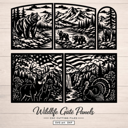 Wildlife SVG DXF gate files with bears, deer, turkey and American mountain scenery