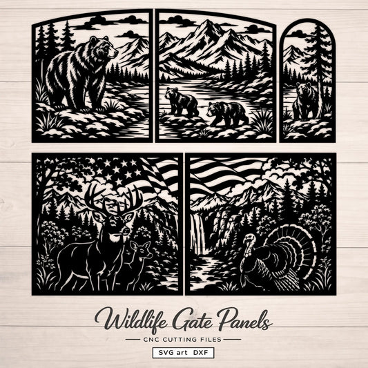 Wildlife SVG DXF gate files with bears, deer, turkey and American mountain scenery