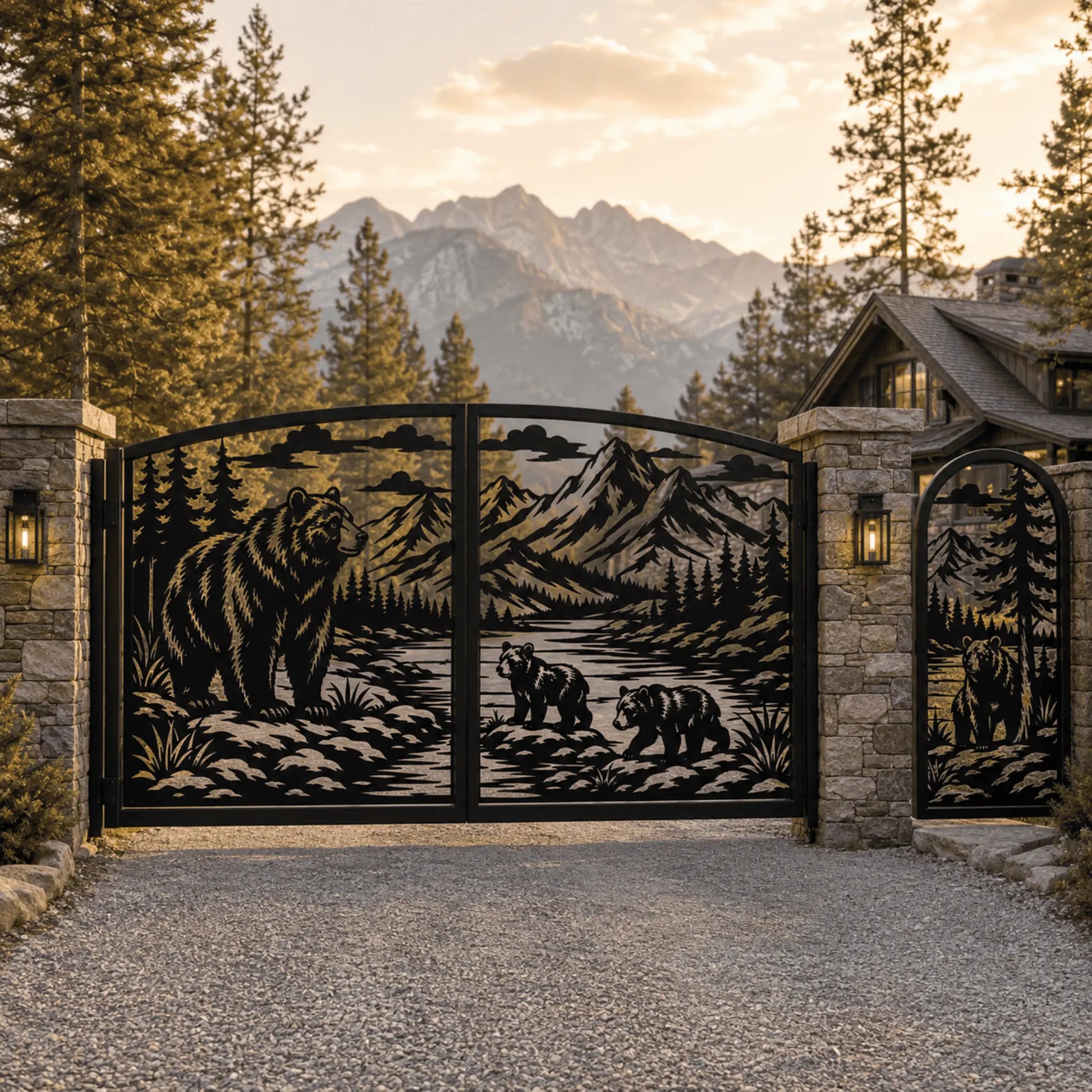 Bear family double metal gate and matching pedestrian gate CNC design