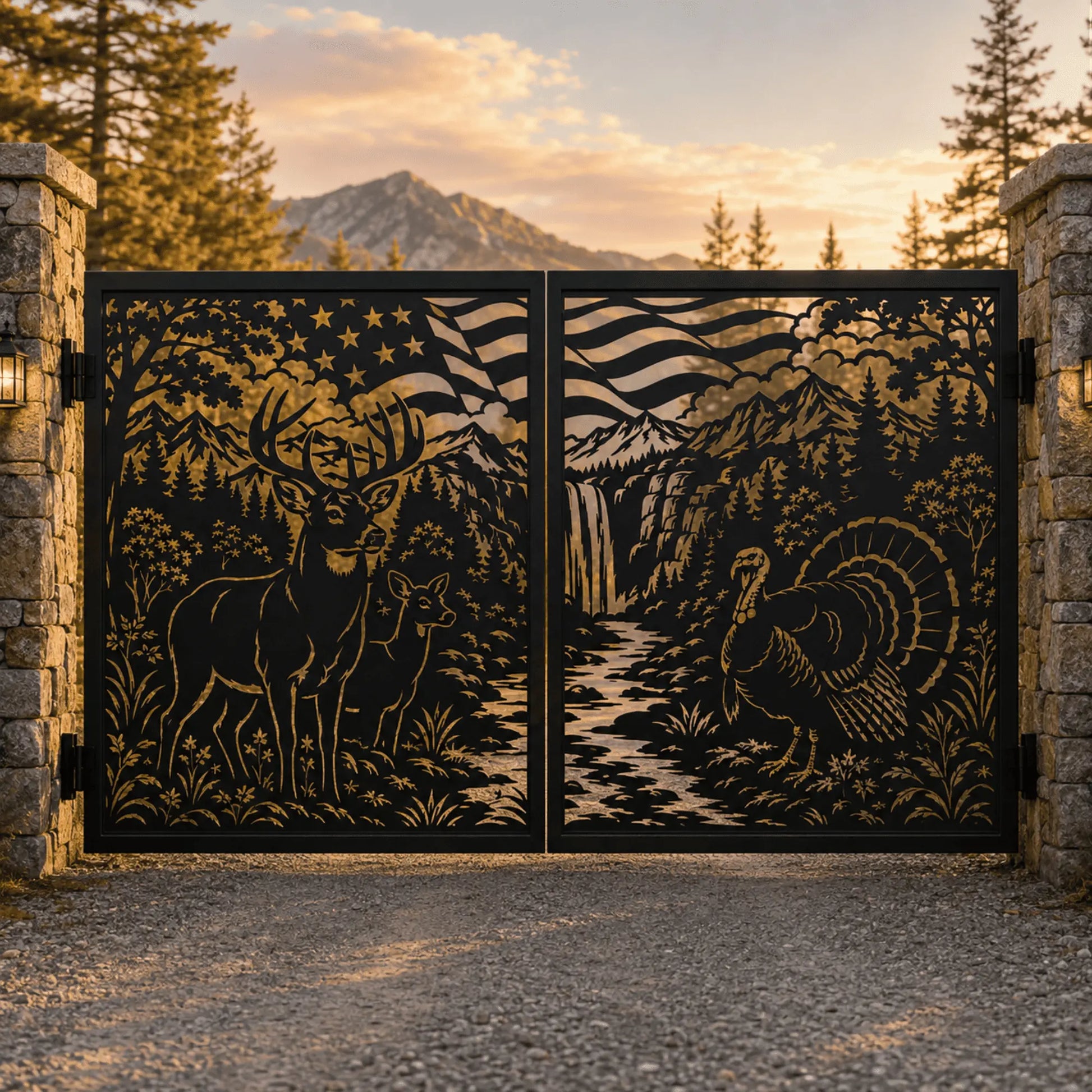 Deer and wild turkey metal driveway gate with American flag and waterfall