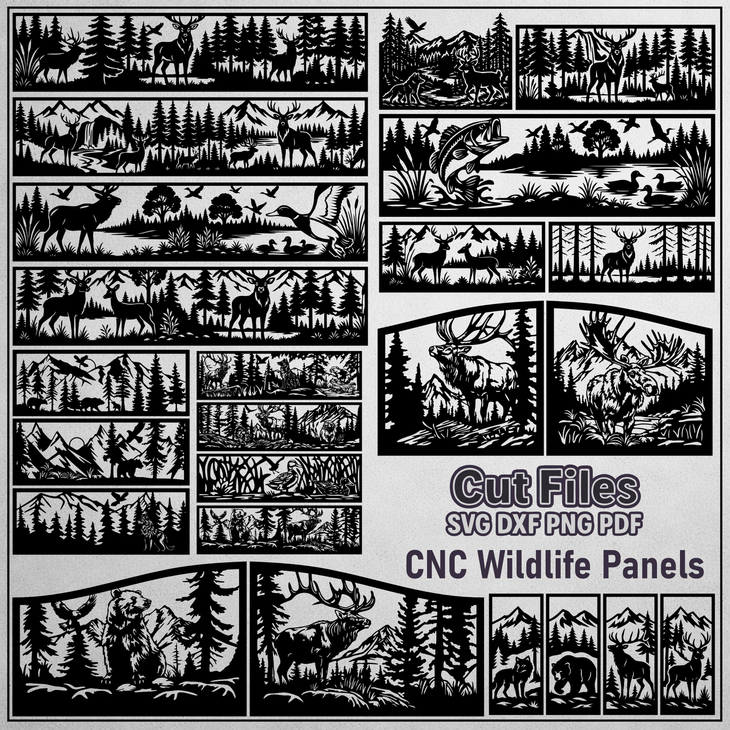 CNC wildlife panels bundle with deer, bear, moose and forest mountain scenes