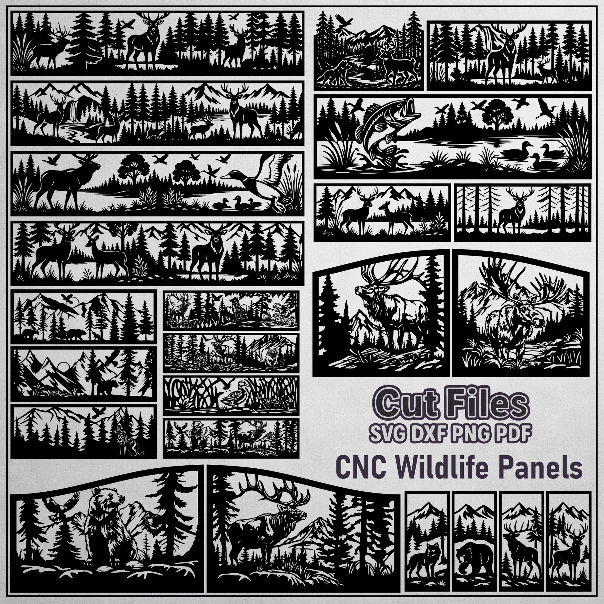 CNC wildlife panels bundle with deer, bear, moose and forest mountain scenes