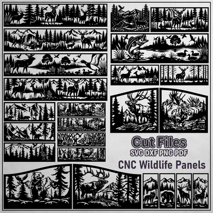 CNC wildlife panels bundle with deer, bear, moose and forest mountain scenes