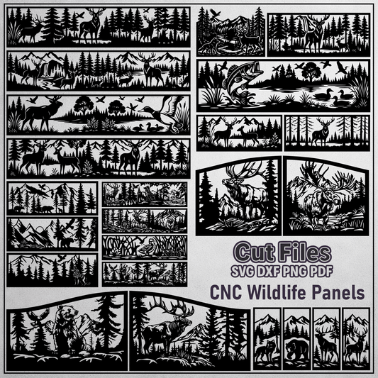 CNC wildlife panels bundle with deer, bear, moose and forest mountain scenes