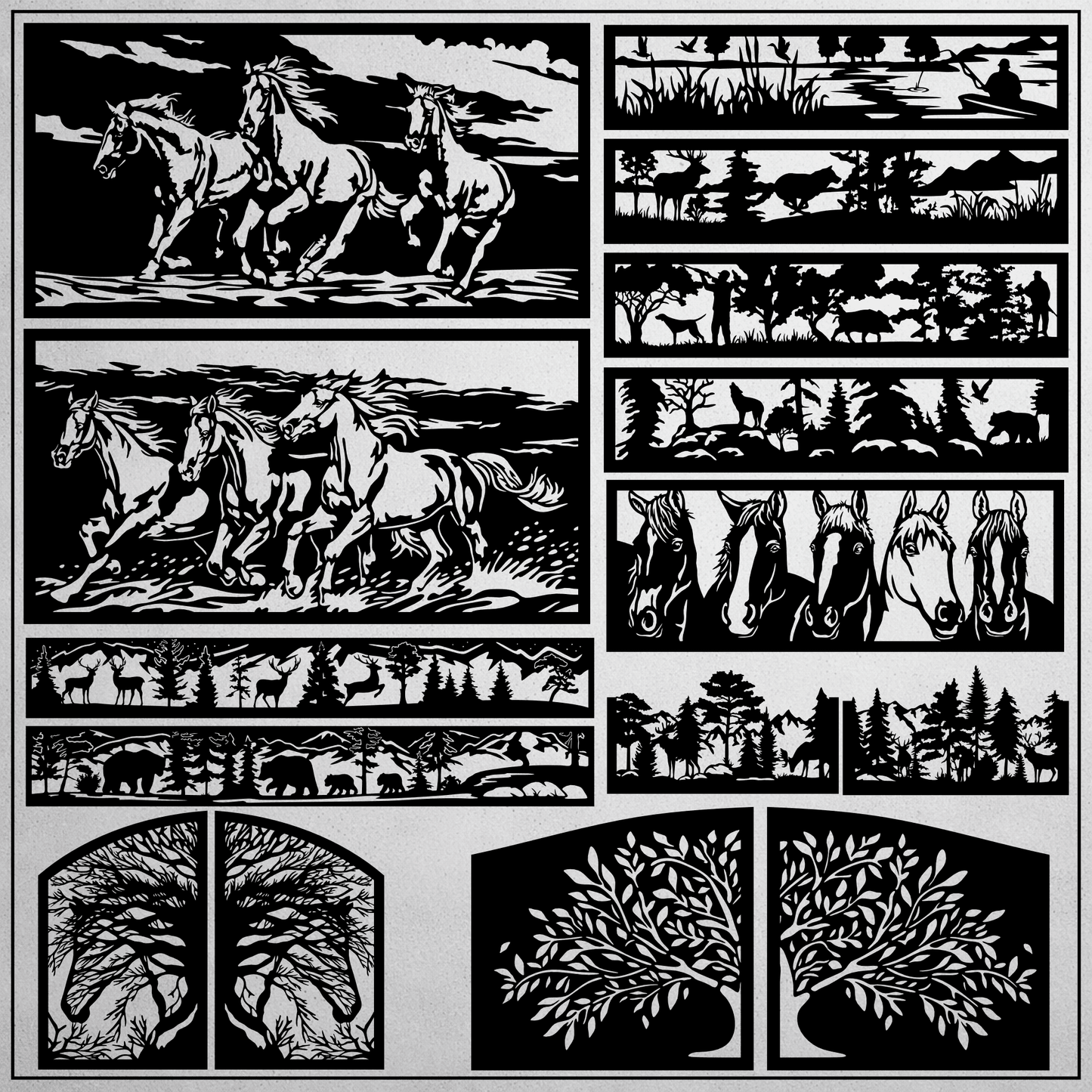 Black and white forest landscape SVG panels for laser and plasma cutting