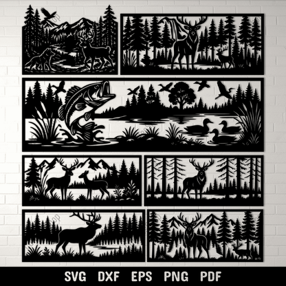 Railings Wildlife forest scene panel SVG DXF with deer and pine trees