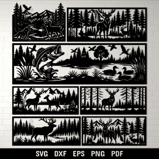 Railings Wildlife forest scene panel SVG DXF with deer and pine trees