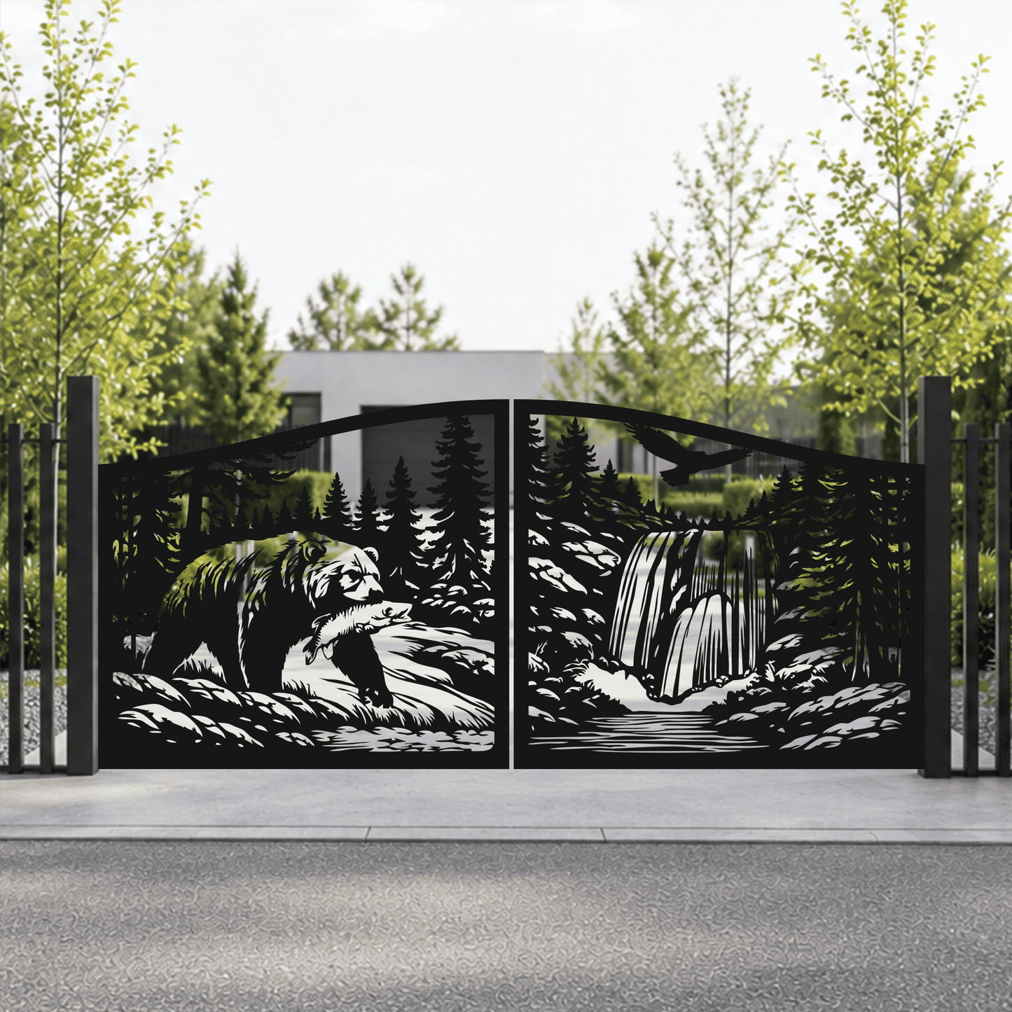 Waterfall and fishing bear gate dxf svg design