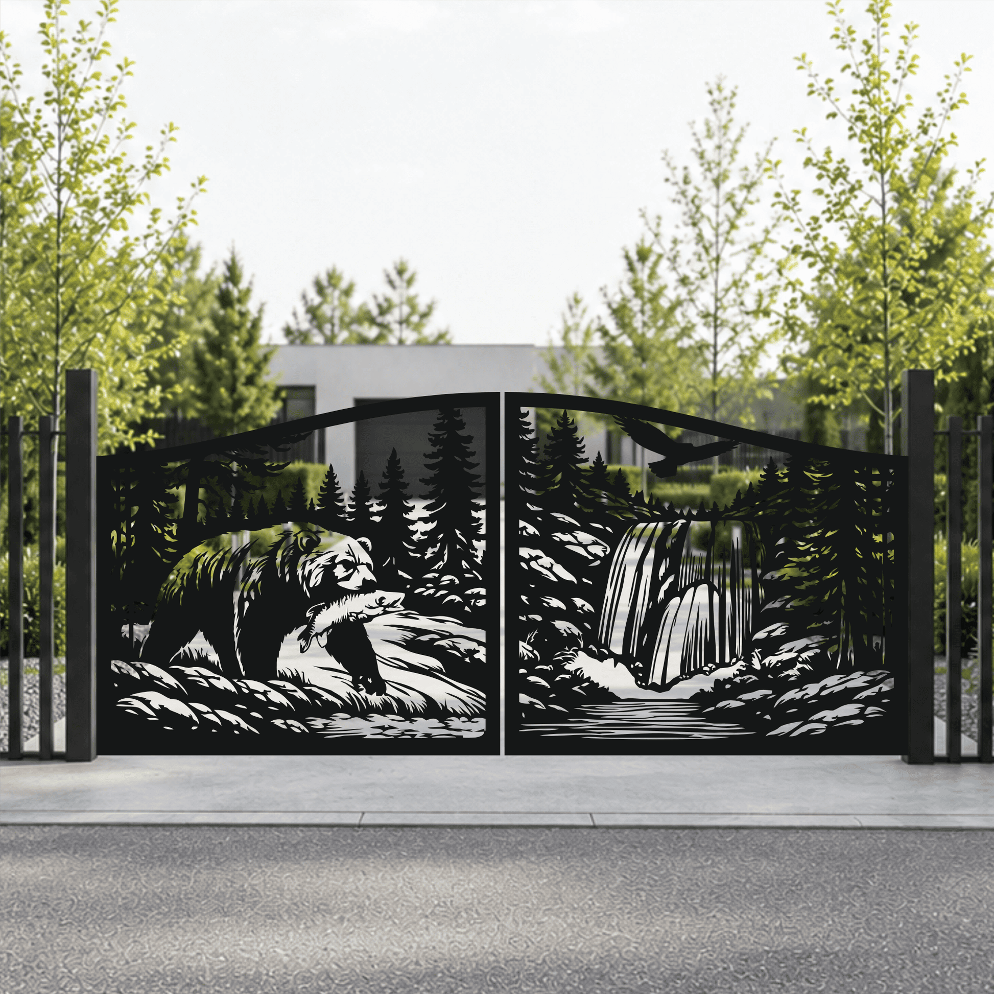 Waterfall and fishing bear gate dxf svg design