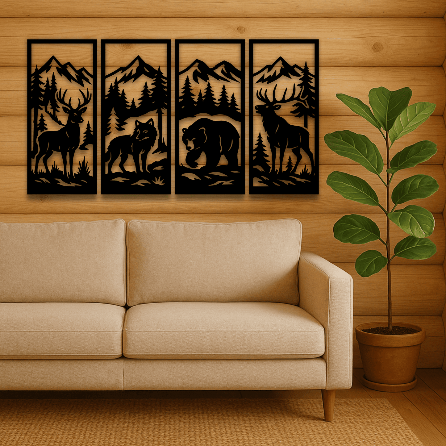 Wolf pine forest scene panel vector for CNC plasma