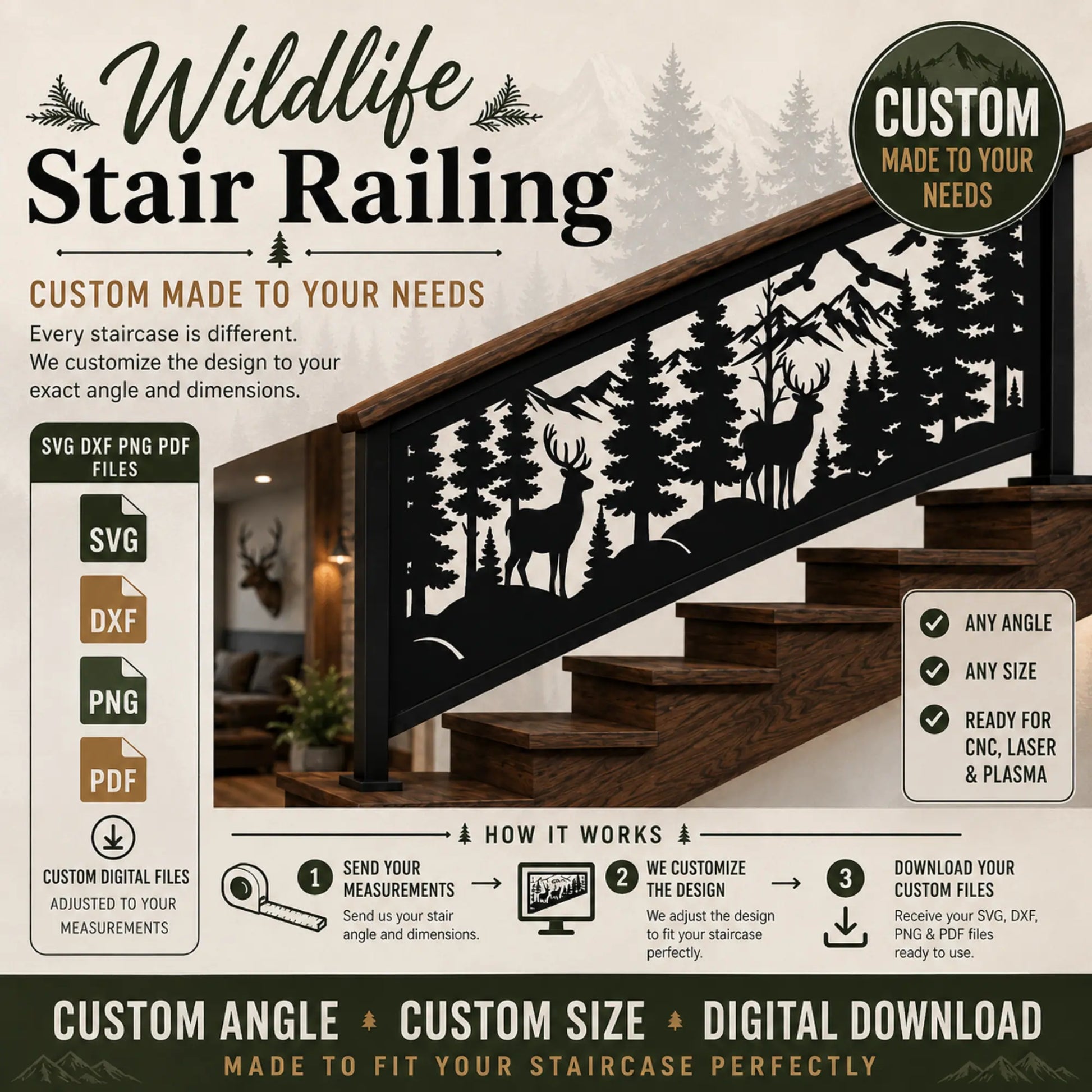 Custom wildlife stair railing with deer forest and mountain scene for CNC laser plasma cutting projects.