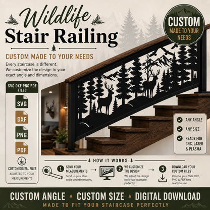 Custom wildlife stair railing with deer forest and mountain scene for CNC laser plasma cutting projects.