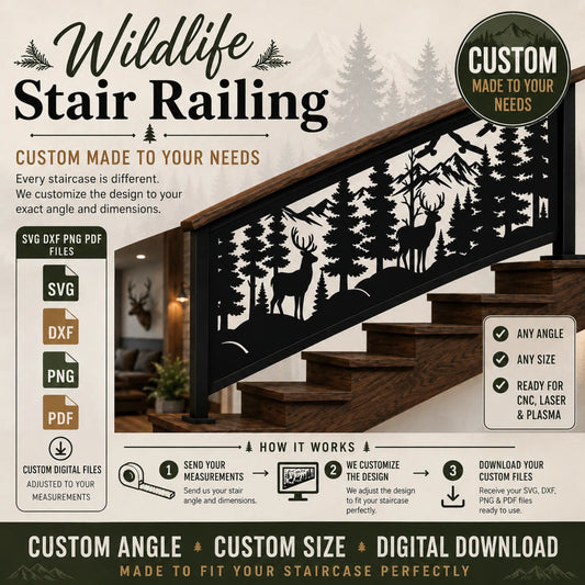 Custom wildlife stair railing with deer forest and mountain scene for CNC laser plasma cutting projects.
