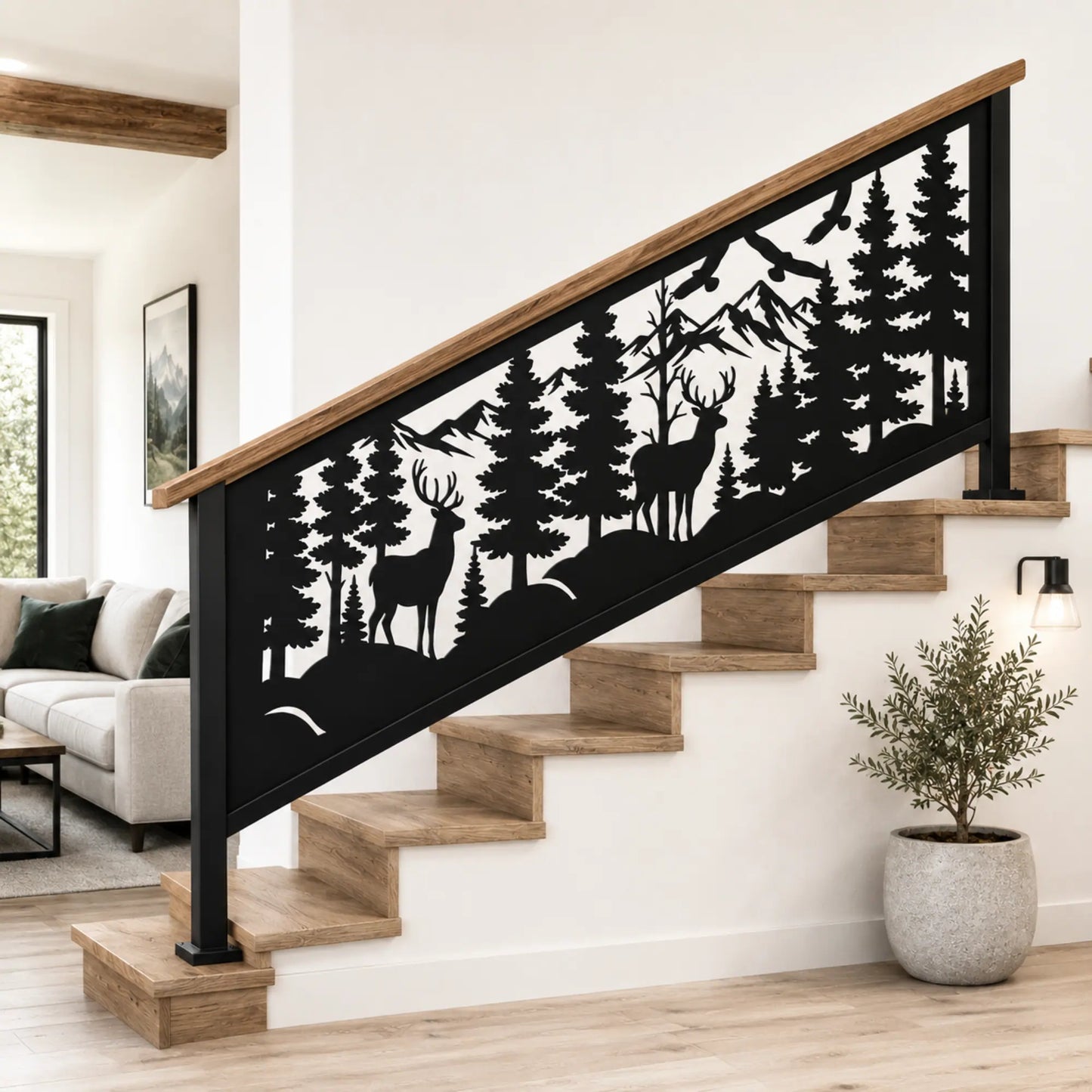 Decorative mountain wildlife railing design with pine trees and deer for indoor and outdoor staircases.