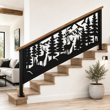 Decorative mountain wildlife railing design with pine trees and deer for indoor and outdoor staircases.
