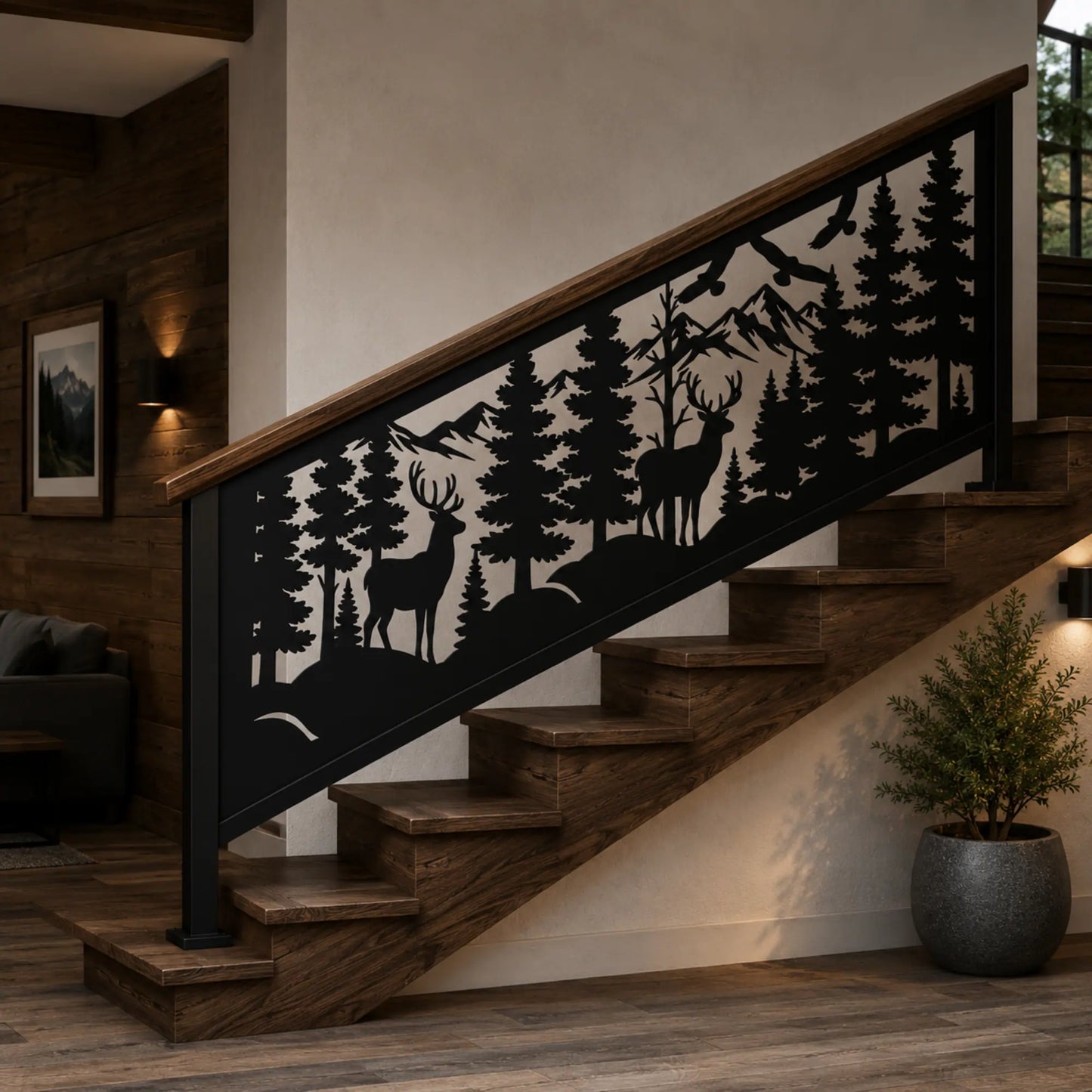 Metal stair railing panel featuring woodland scenery, wildlife silhouettes and mountain landscape artwork.