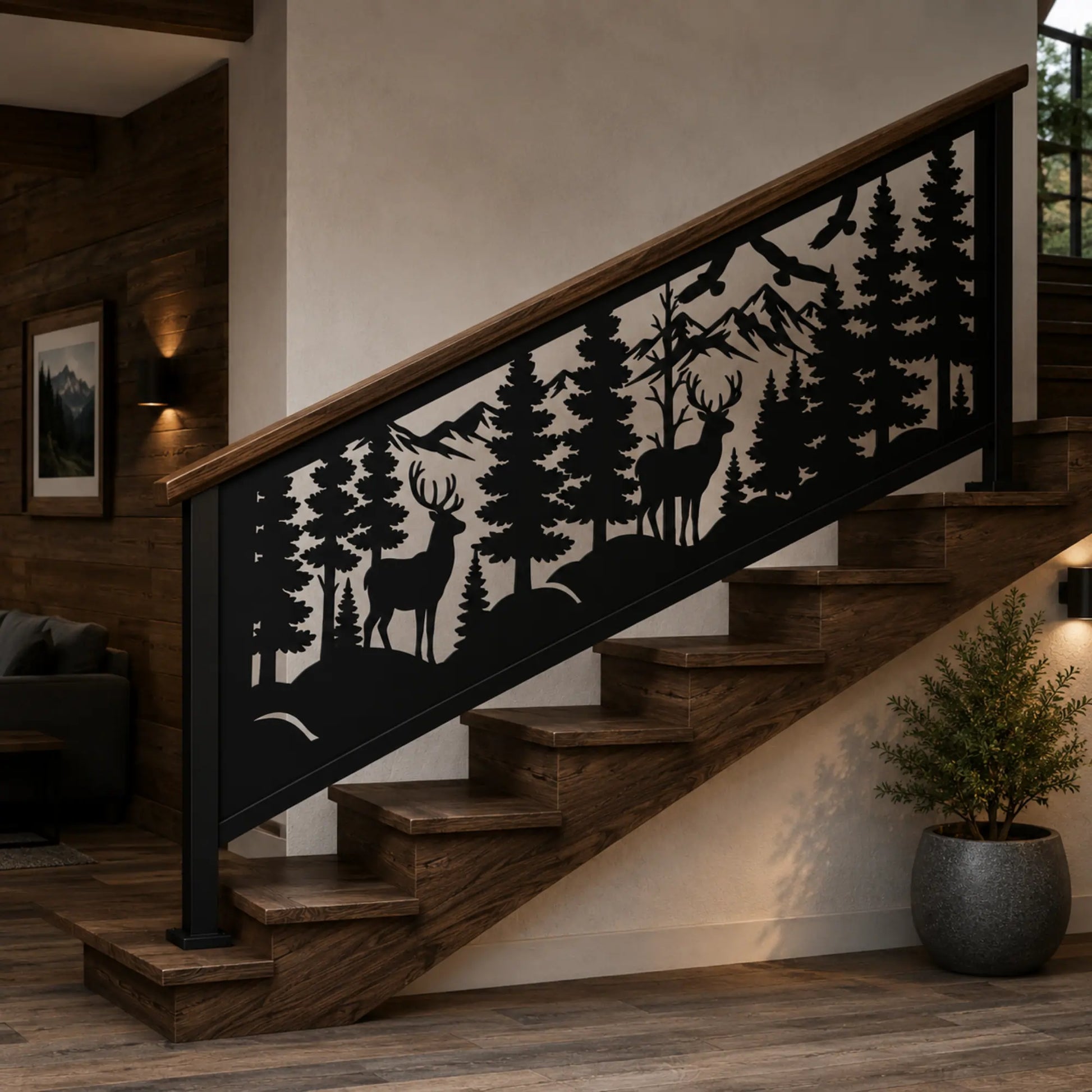 Metal stair railing panel featuring woodland scenery, wildlife silhouettes and mountain landscape artwork.