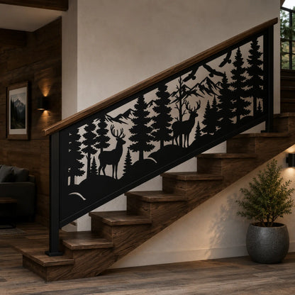 Metal stair railing panel featuring woodland scenery, wildlife silhouettes and mountain landscape artwork.