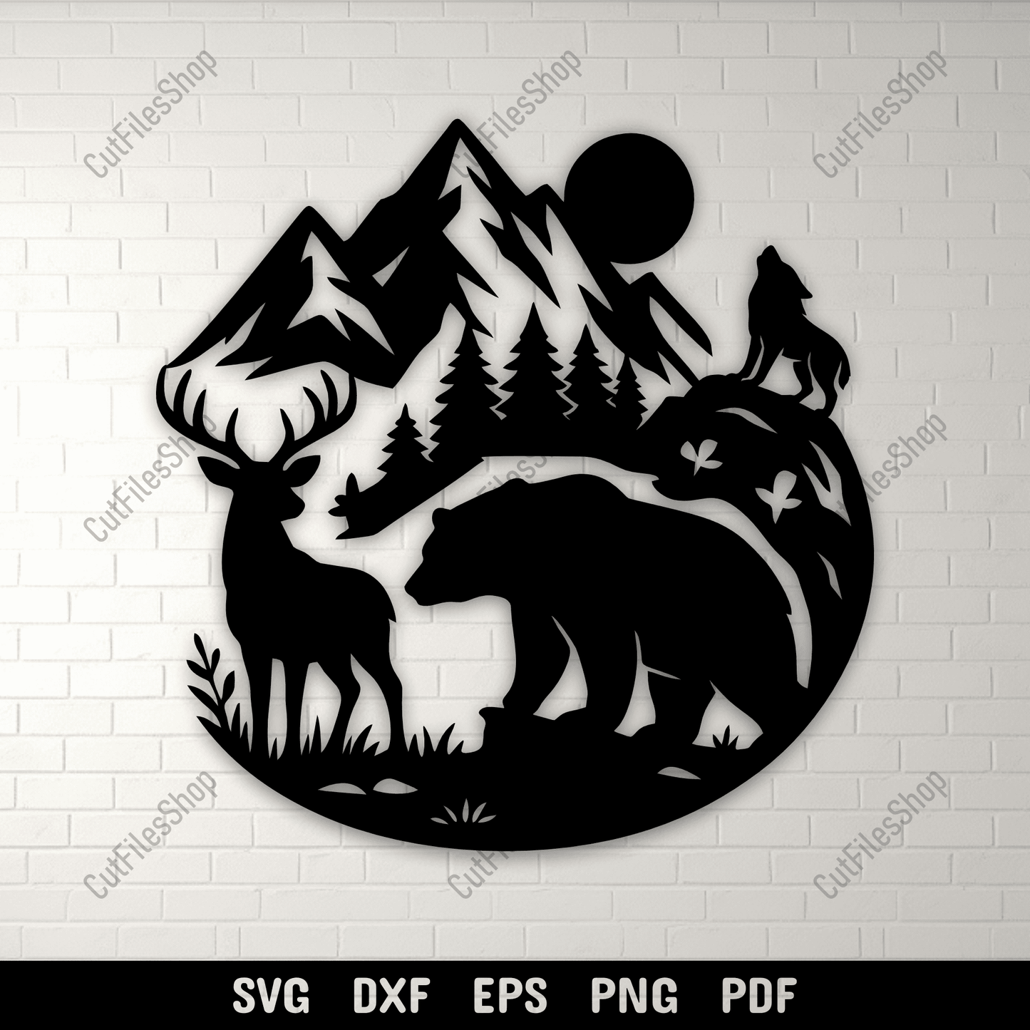 Wildlife mountain scene SVG DXF PNG with deer bear wolf