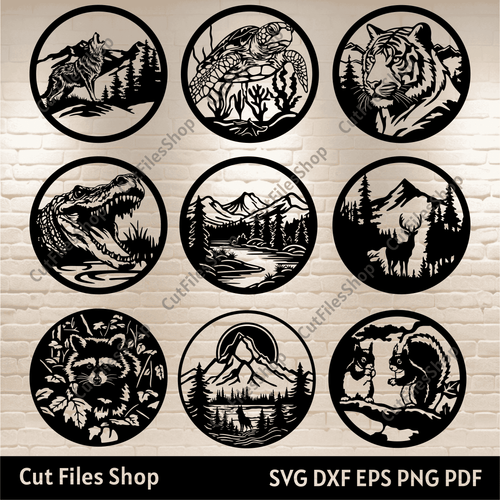 Wildlife scenes Dxf for Laser cut, Animals svg for Cricut, CNC plasma files, Silhouette cut files, CNC router files, turtle svg, tiger svg, circle frame svg, nature dxf for laser, squirrels svg, mountains dxf for plasma, wall decor dxf, wolf dxf, raccoon svg, tiger free svg, alligator svg, deer dxf for plasma, elk dxf files, forest dxf for laser cnc