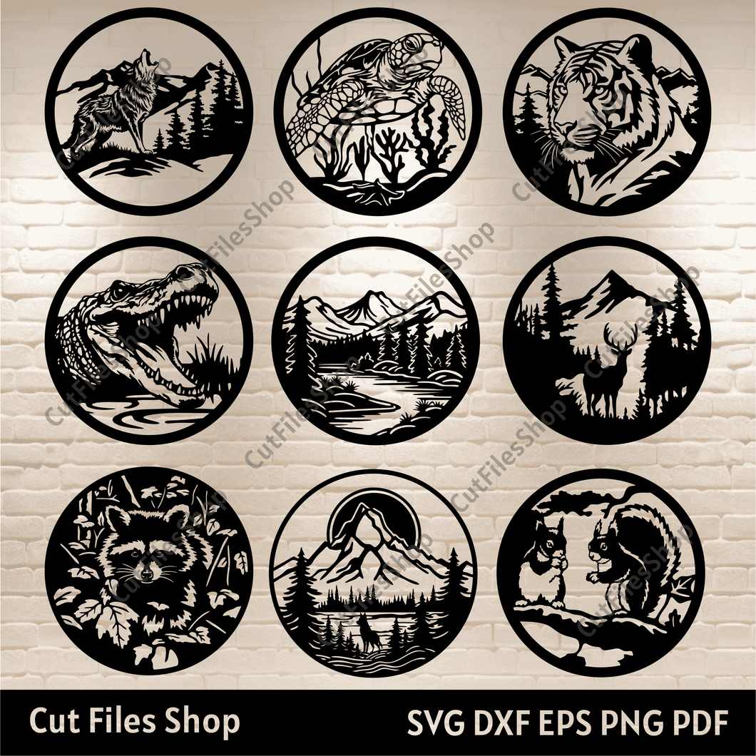Wildlife scenes Dxf for Laser cut, Animals svg for Cricut, CNC plasma files, Silhouette cut files, CNC router files, turtle svg, tiger svg, circle frame svg, nature dxf for laser, squirrels svg, mountains dxf for plasma, wall decor dxf, wolf dxf, raccoon svg, tiger free svg, alligator svg, deer dxf for plasma, elk dxf files, forest dxf for laser cnc
