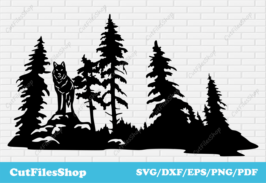 Wildlife scene dxf for laser cut, Wall decor dxf, Plasma files, Svg for Cricut, Water cutting files, Wildlife decor dxf, wolf dxf for plasma, animals plasma files, tree dxf, svg designs download free, dxf designs download, vector art, vector stock, silhouette png, cricut files, tree dxf, wall panel dxf, dxf cut files