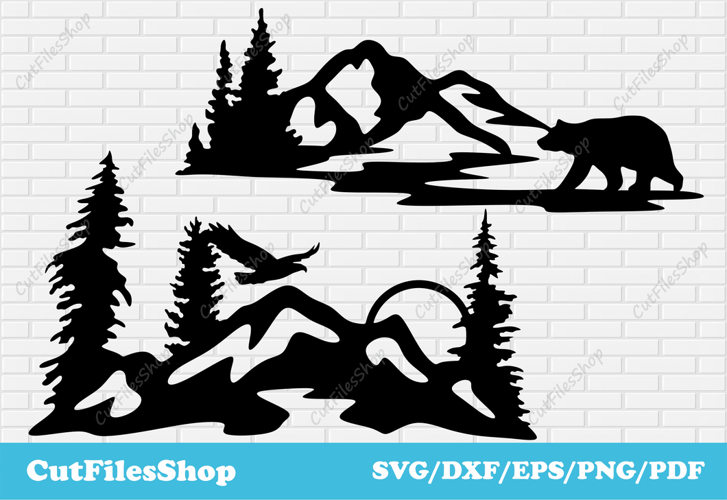 Mountains scenes dxf, Cut files for Laser, Cutting cricut files, forest animals scenes dxf, Plasma cut files, wall stickers svg, mountains dxf files, bear scenes dxf, eagle scenes dxf, forest scenes dxf files for laser